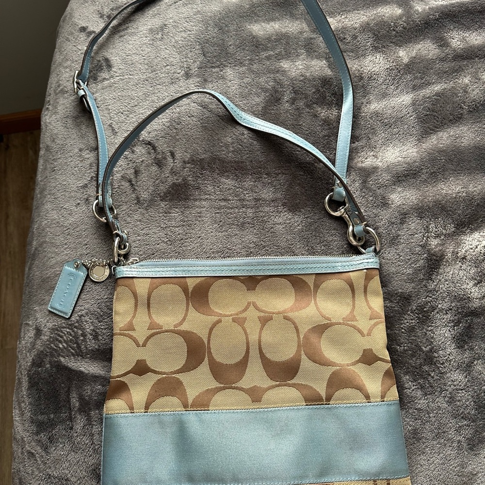 Coach Tan and Blue Signature Shoulder Bag